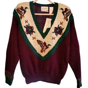 80s Vintage Deadstock Jantzen Women Embroidered Sweater Duck Burgundy Green S